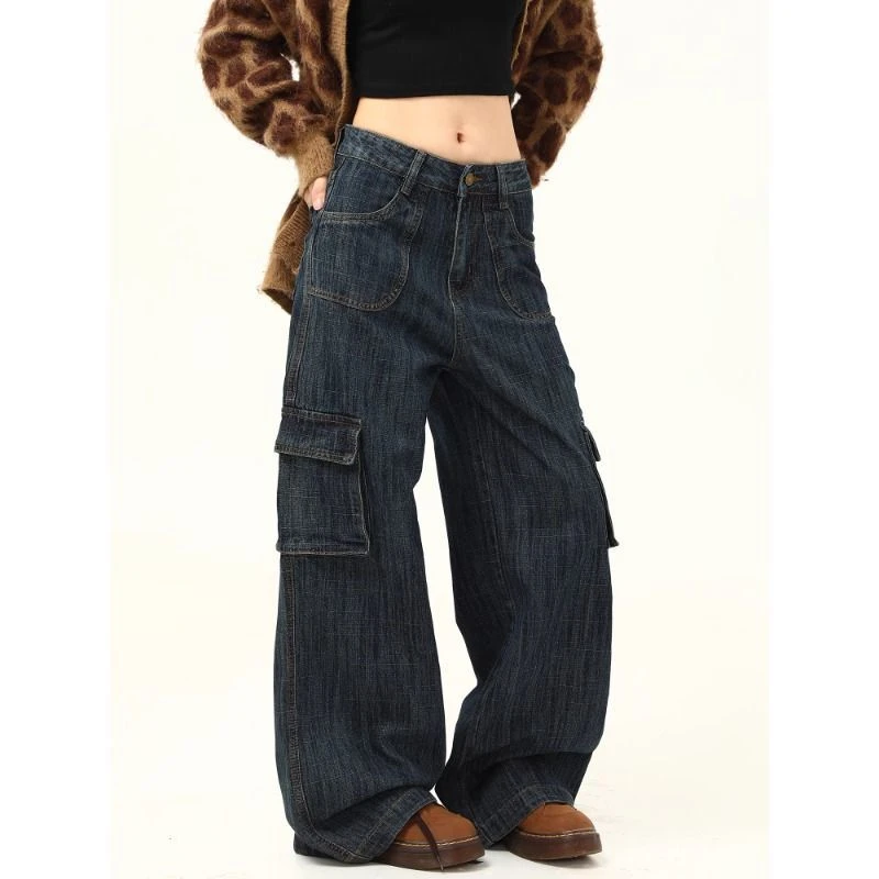 重工复古深蓝色工装牛仔裤男女宽松休闲直筒小众炸街阔腿百搭裤子