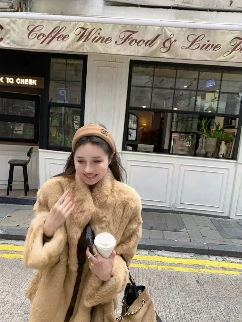 冬季保暖毛绒绒外套韩系减龄整张兔毛皮草长款宽松加绒毛毛大衣女