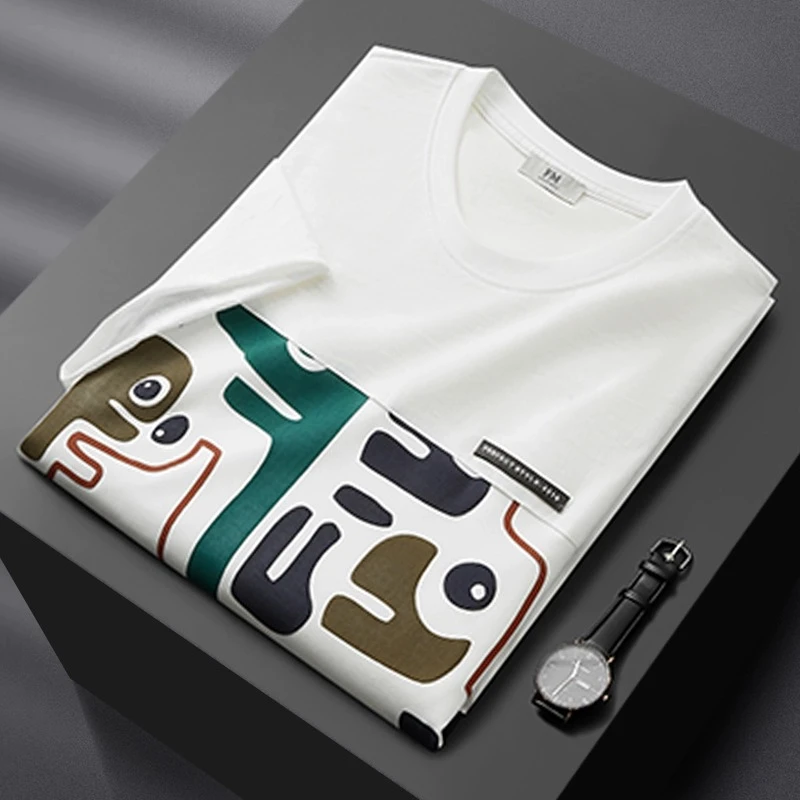 圆领短袖男士t恤夏季薄款丝光棉拼接印花潮流修身休闲半袖体恤男