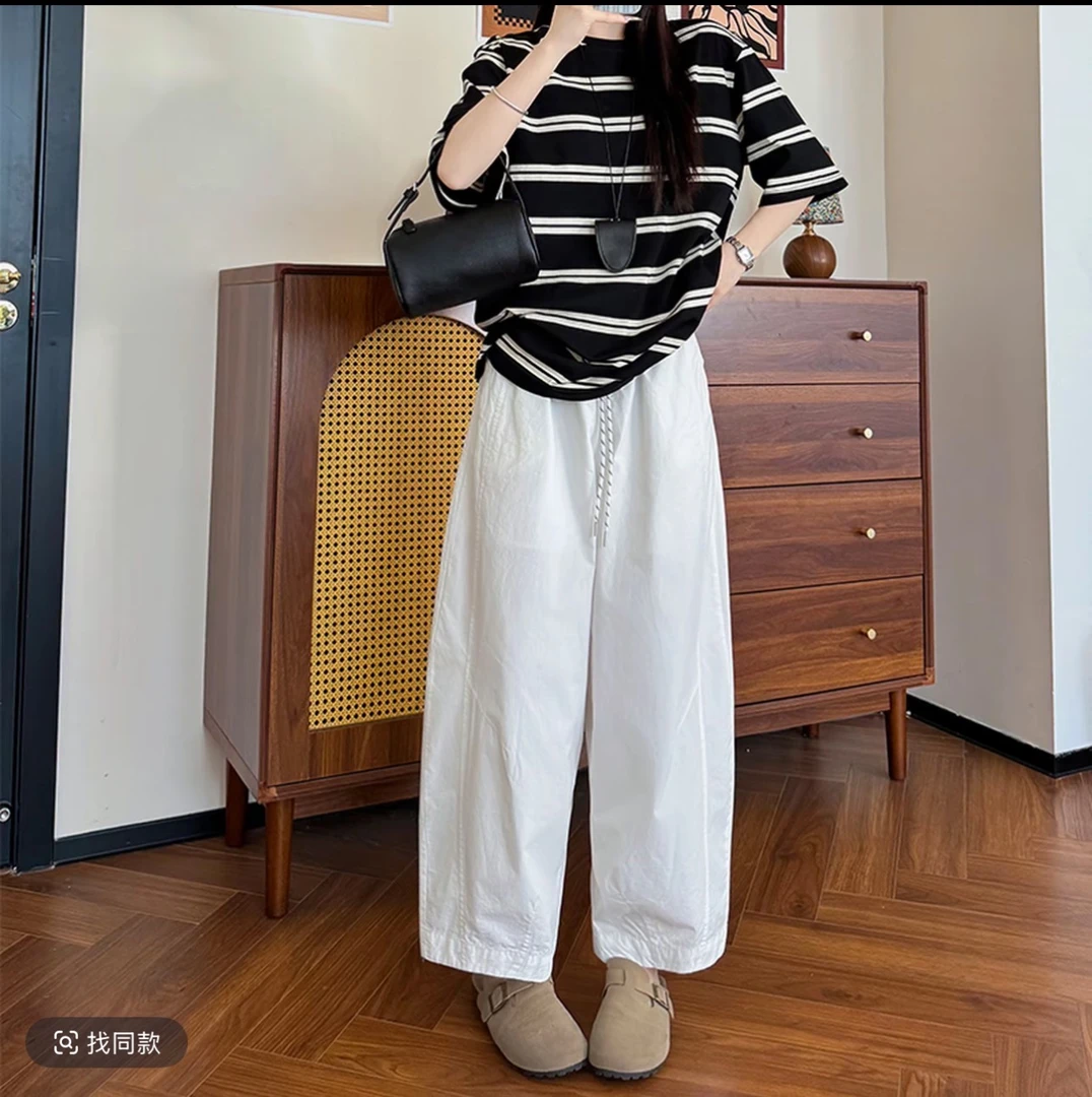 纯色阔腿裤夏季松紧腰抽绳休闲裤女