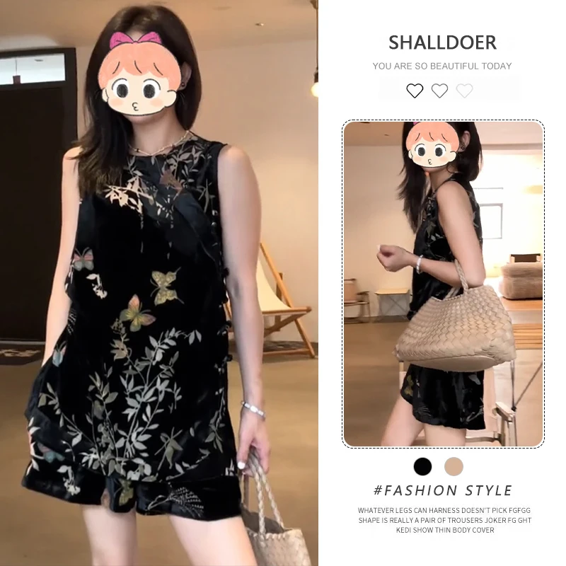 复古中国风气质两件套2026年夏季新款圆领印花无袖上衣短裤套装潮