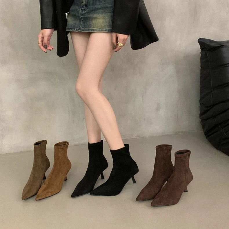 2025秋冬新款气质细跟加绒弹力瘦瘦靴子百搭小猫跟尖头绒面短靴女