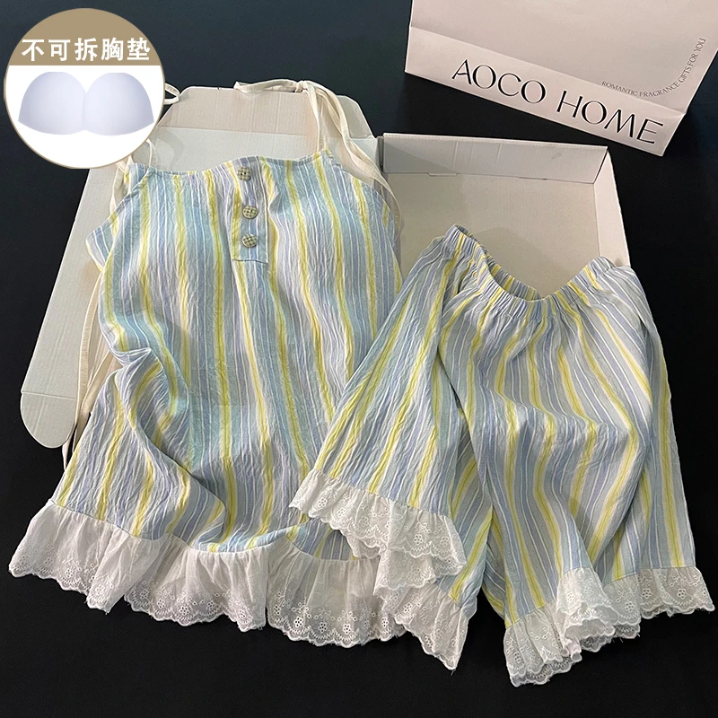 夏季新款带胸垫睡衣女简约条纹吊带短裤蕾丝夏天休闲风家居服套装