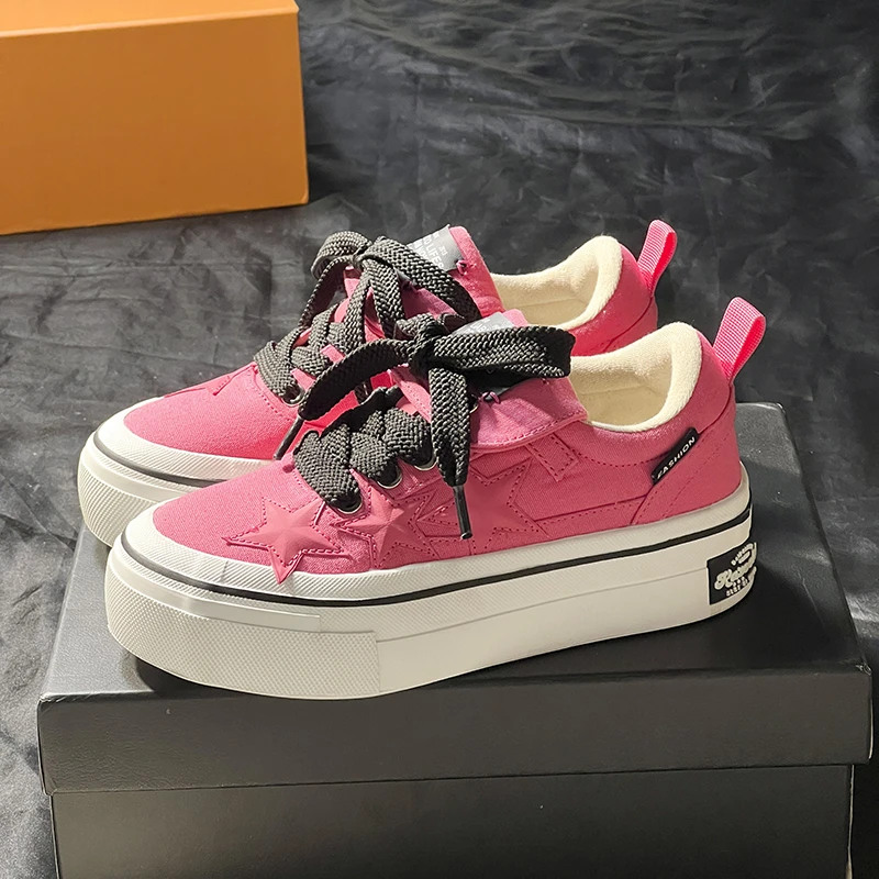 玫莓粉色星星鞋女国潮芝士帆布鞋2024秋冬厚底增高休闲百搭板鞋潮