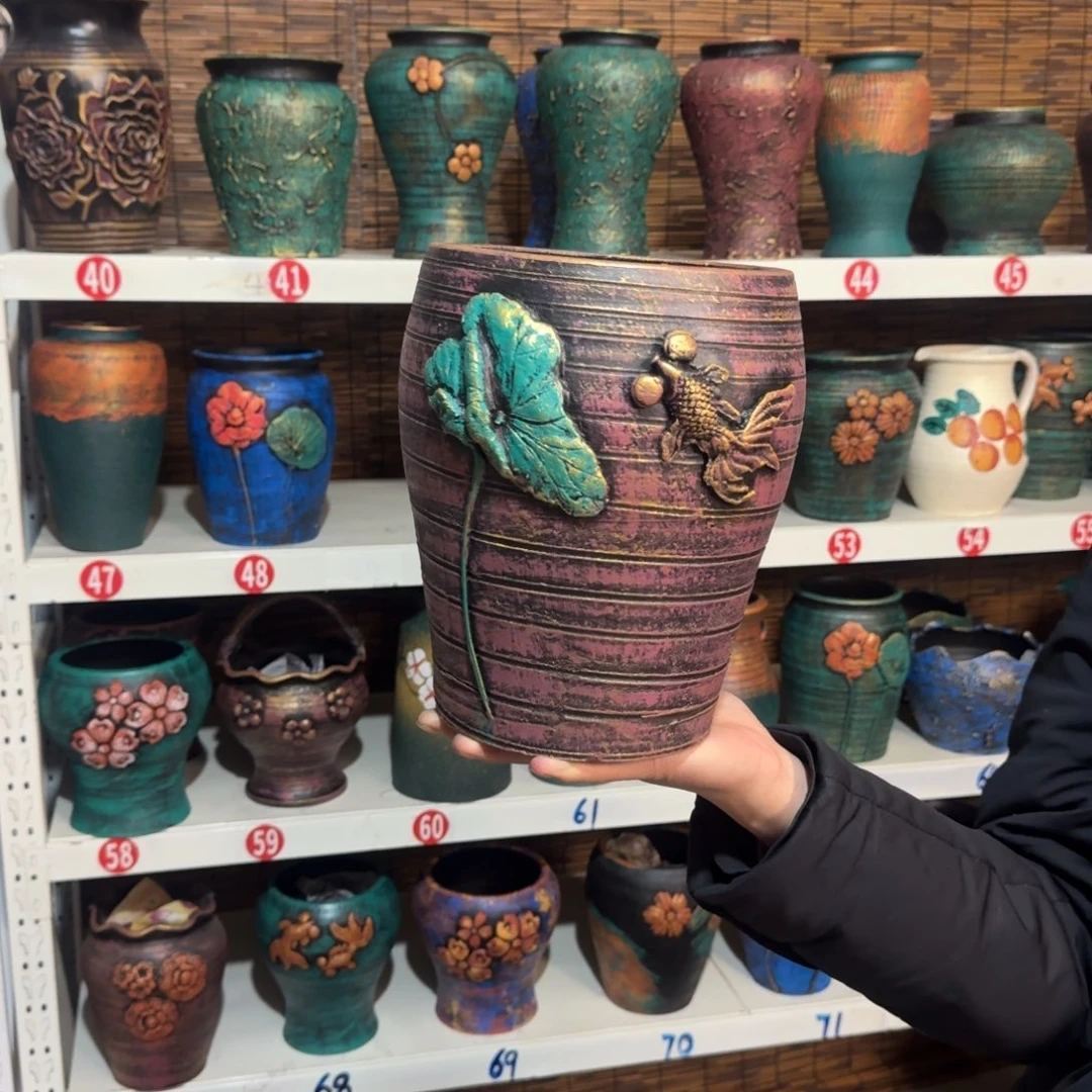 红陶红陶浮雕花盆炸炸炸