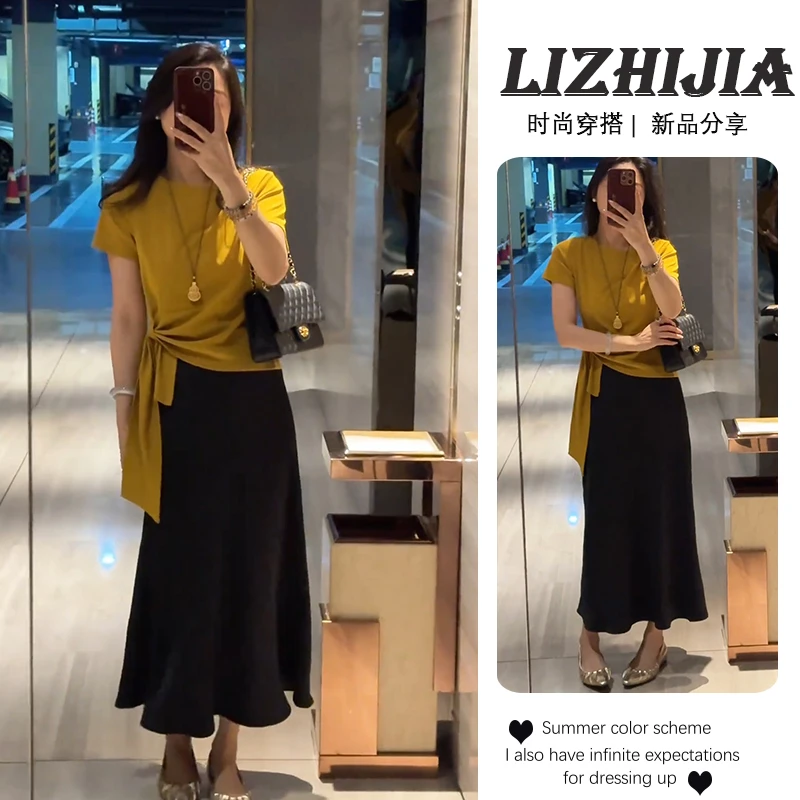 2025夏季流行绑带设计休闲短袖T恤上衣百搭显瘦半身裙子两件套