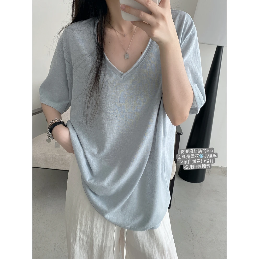 sun柚松弛感雪花肌理卷边V领短袖宽松慵懒T恤上衣女宽松显瘦纯色