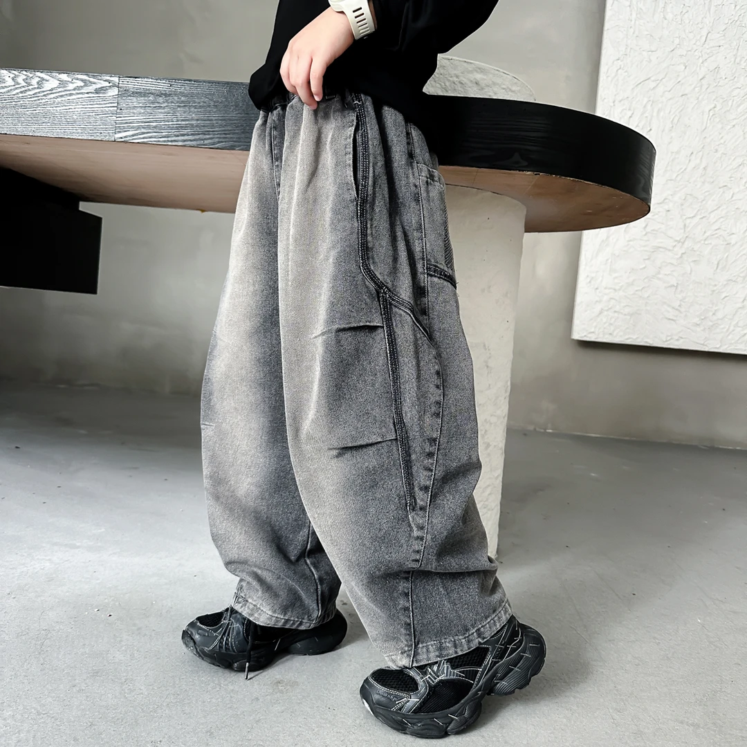 男童黑灰压皱牛仔弯刀裤春秋潮款2025儿童痞帅百搭老爹裤中大童15