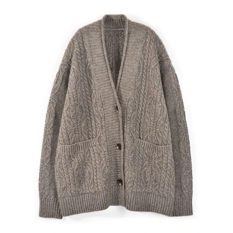 新款定制针织绞花复古宽松百搭休闲精梳牦牛绒开衫外套