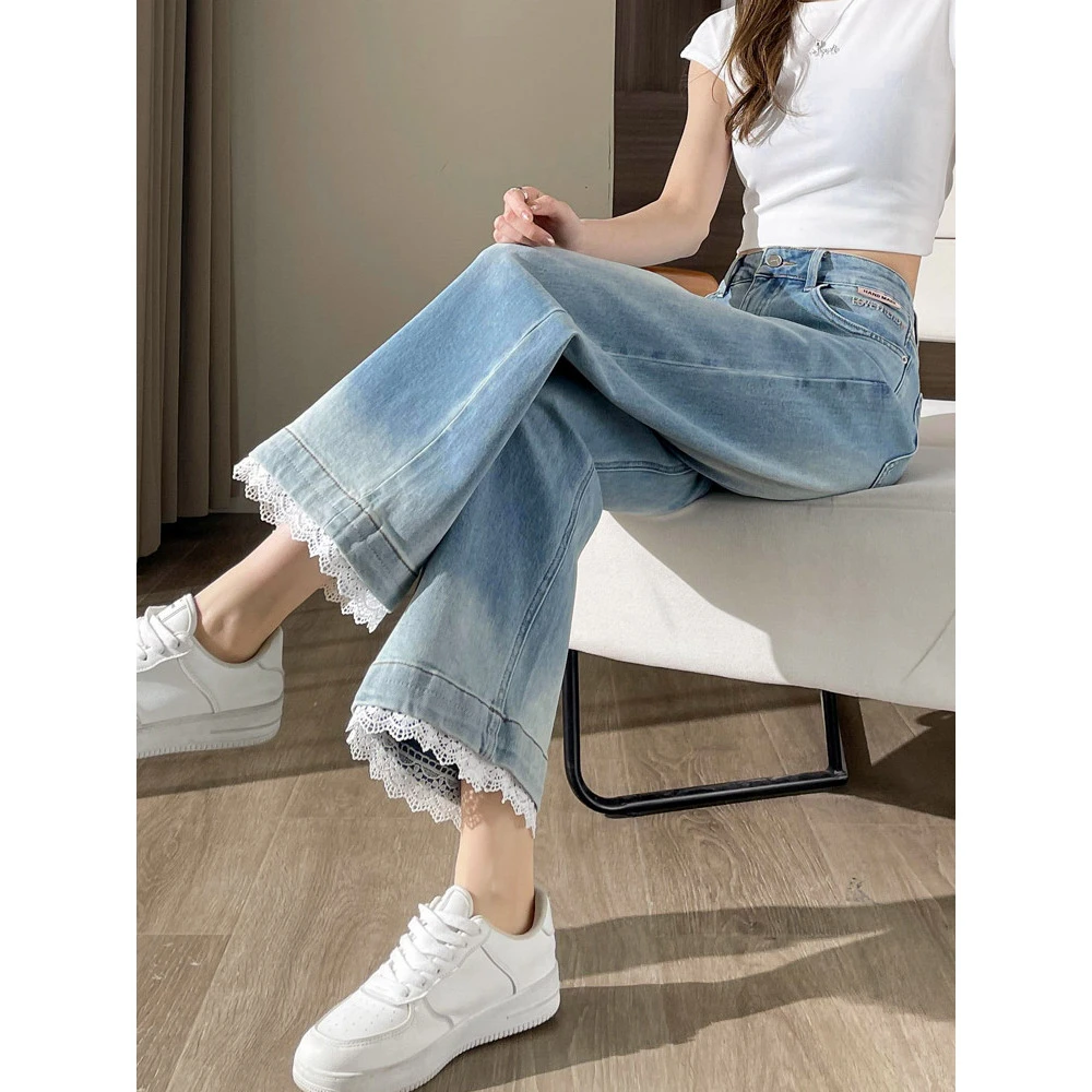 蕾丝拼接牛仔直筒裤女秋季2025新款高腰垂蓝小个子黑色直筒牛仔裤