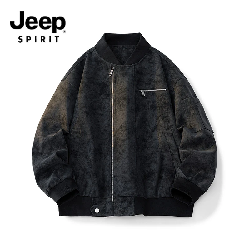 JEEPSPIRIT吉普绒感皮夹克男士外套秋冬季宽松帅气新款棒球领上衣