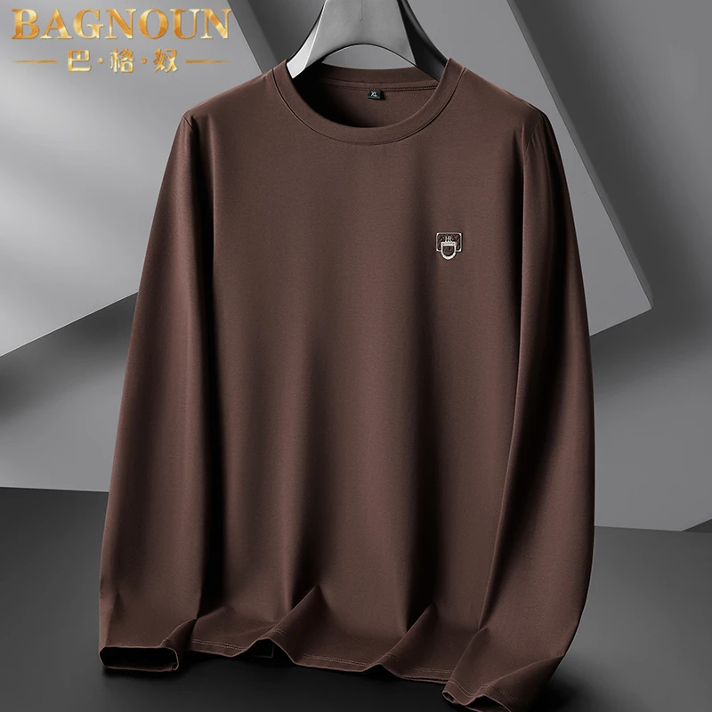 巴格奴长袖T恤男士春秋季新款时尚莫代尔棉大码宽松胖子纯色l上衣