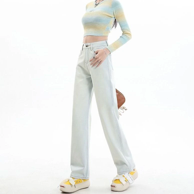 月光蓝窄版直筒牛仔裤女2025春夏新款高腰显瘦合身垂感浅色拖地裤