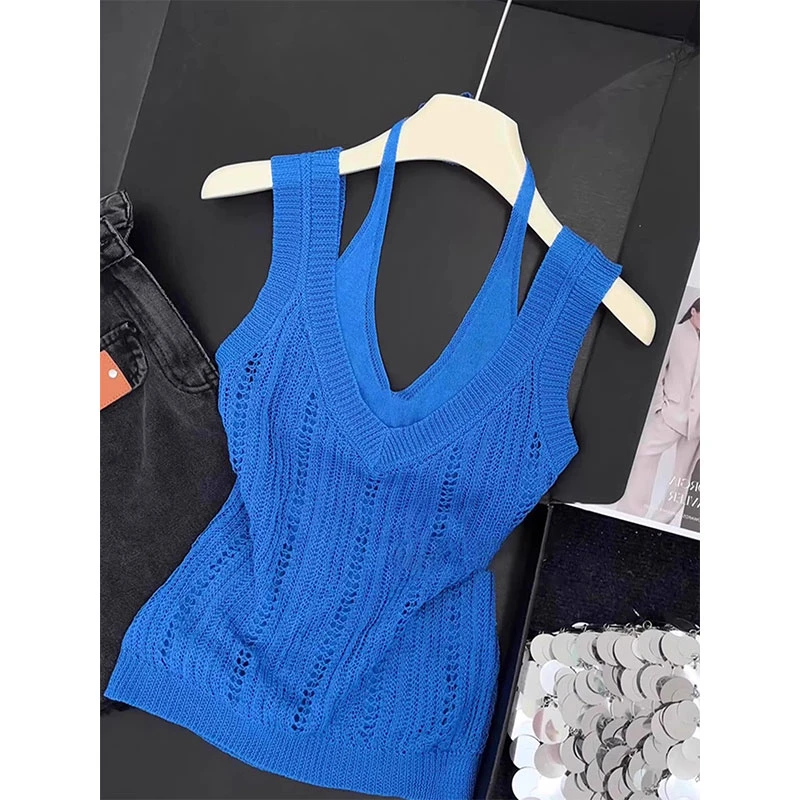 固质夏季独特镂空挂脖针织吊带背心女外穿设计感辣妹修身无袖上衣