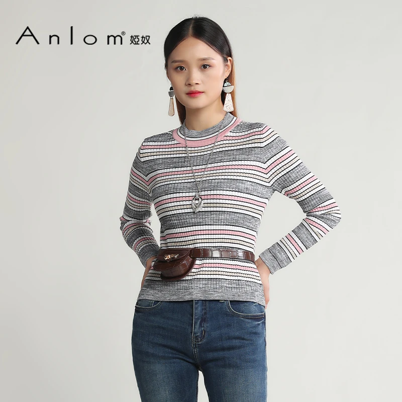 Anlom/娅奴秋装新款桑蚕丝上衣女修身长袖套头纯色休闲圆领针织衫
