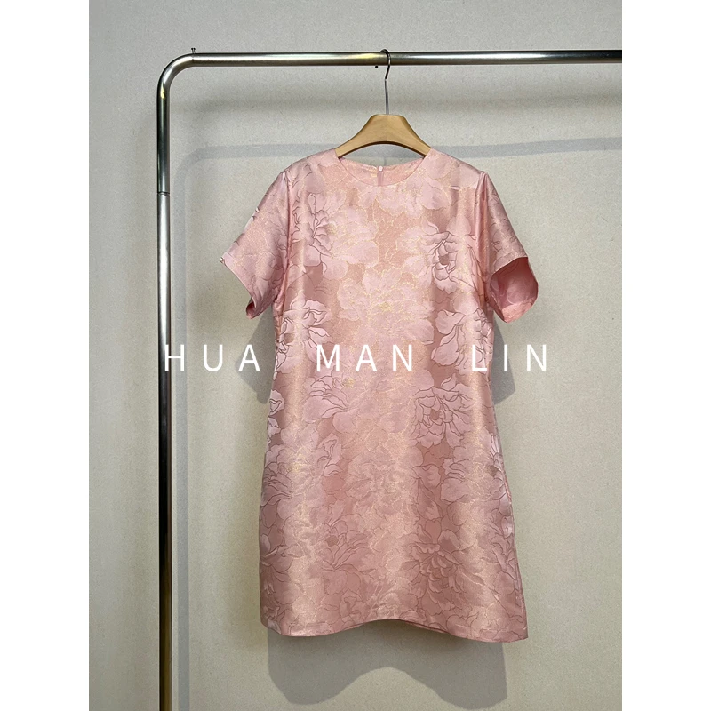 【花滿林】‘粉金鎏光’圆领50MM正绢织金真丝桑蚕丝连衣裙259333