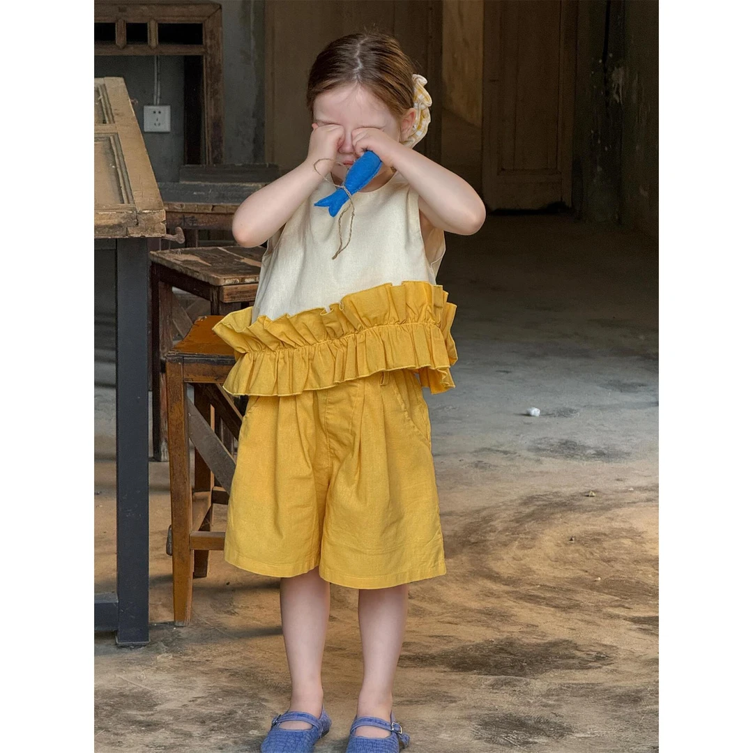 ab.baby韩系童装2025夏季女童套装撞色棉麻无袖背心短裤两件套