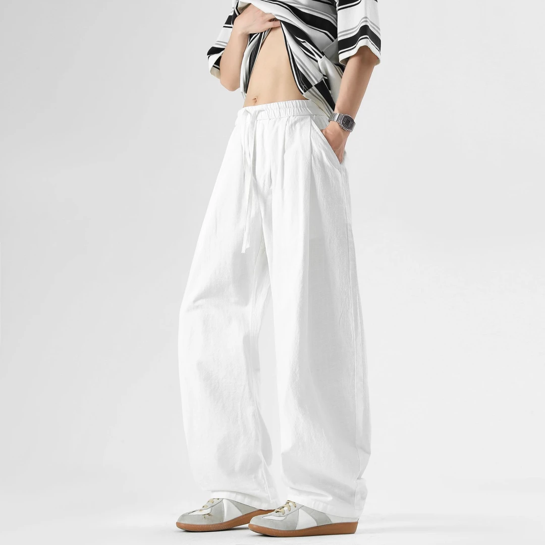 白色棉麻裤子男款夏季薄款休闲百搭阔腿弯刀裤cleanfit棉麻休闲裤