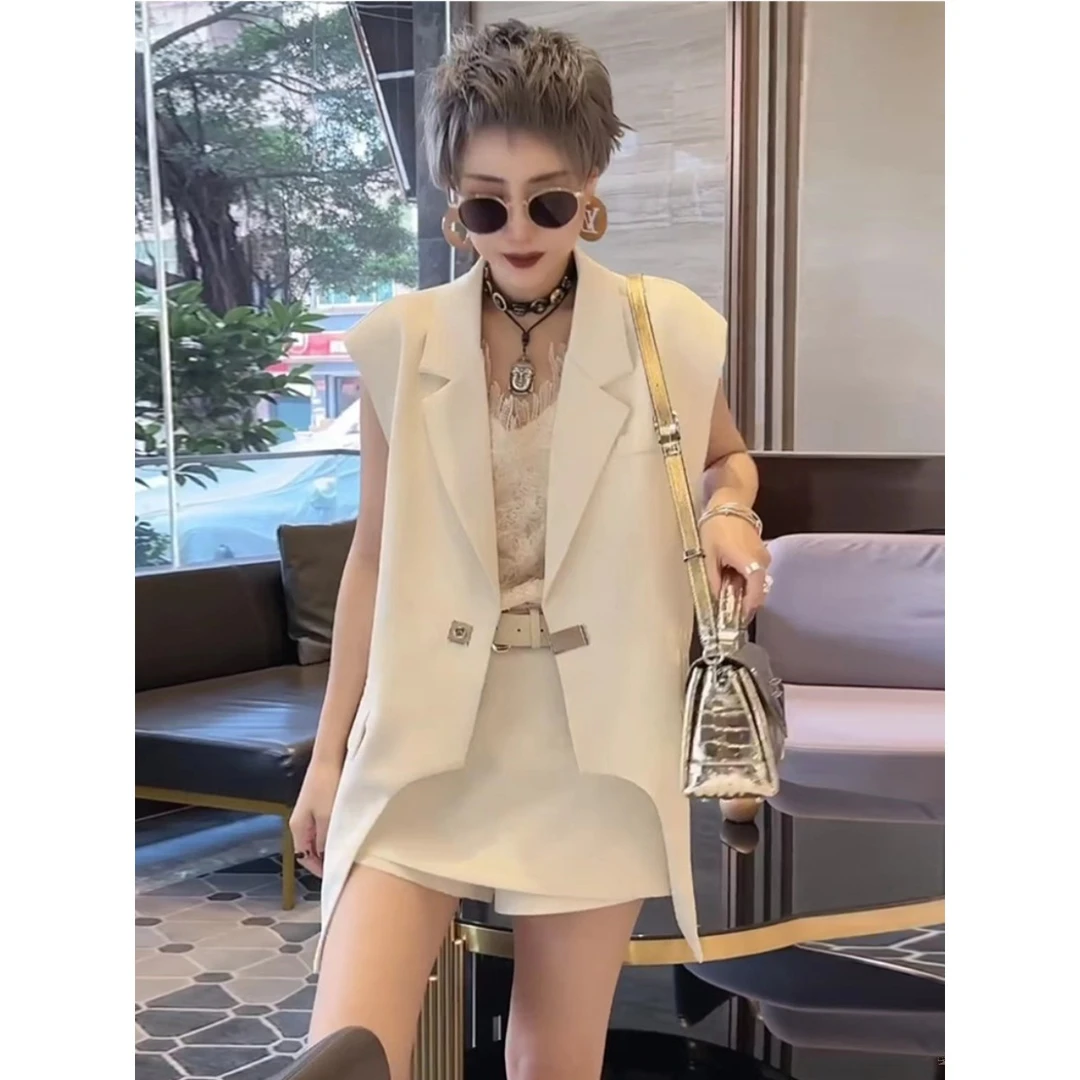 M250不规则马甲套装女欧货时尚设计感无袖西服外套高腰短裤两件套