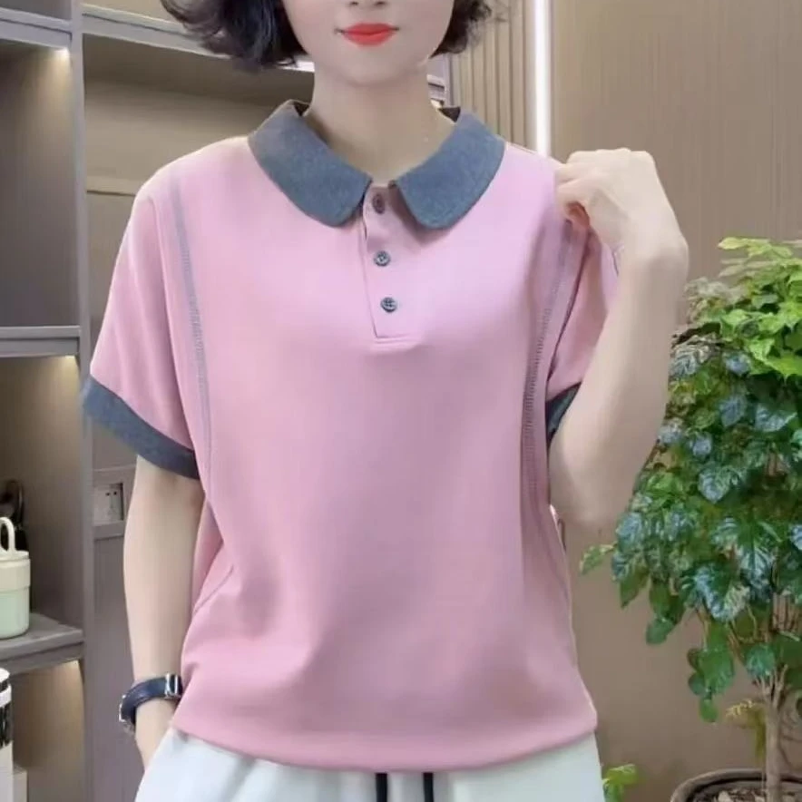 夏季新款翻领短袖POLO衫时尚显瘦百搭减龄T恤休闲洋气女士小衫