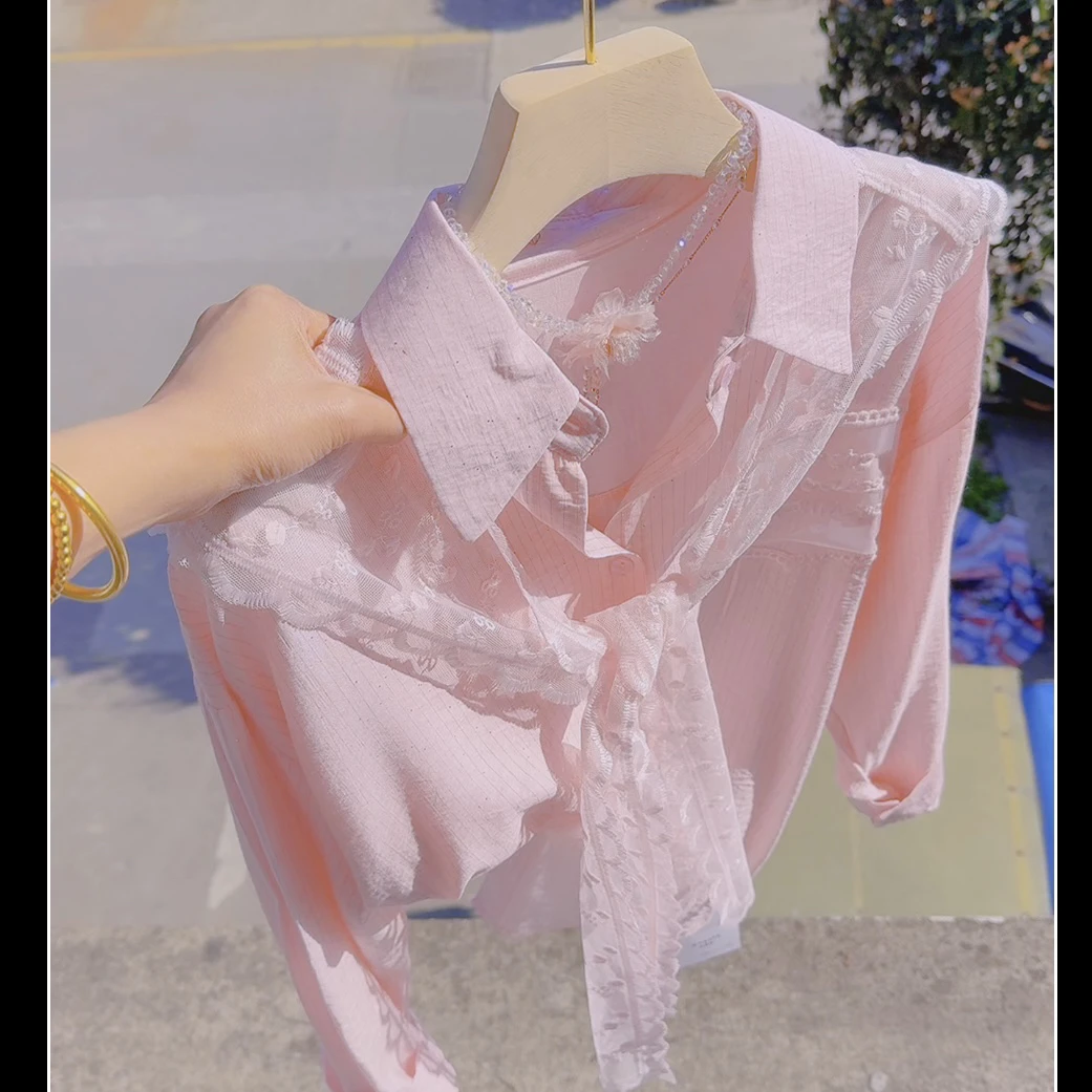 安7718 条纹衬衣蕾丝披肩早春夏系带衬衫开衫上衣