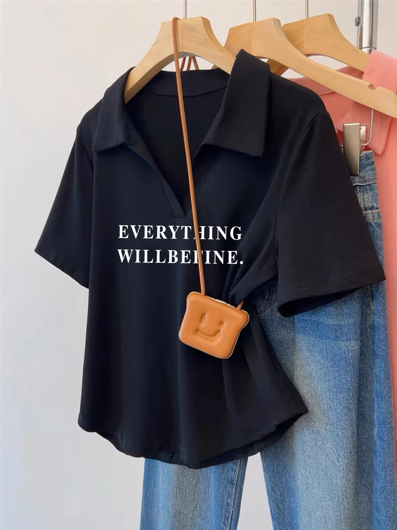 韩系简约休闲ins风上衣夏季新款圆弧下摆T恤小众POLO领气质短袖女