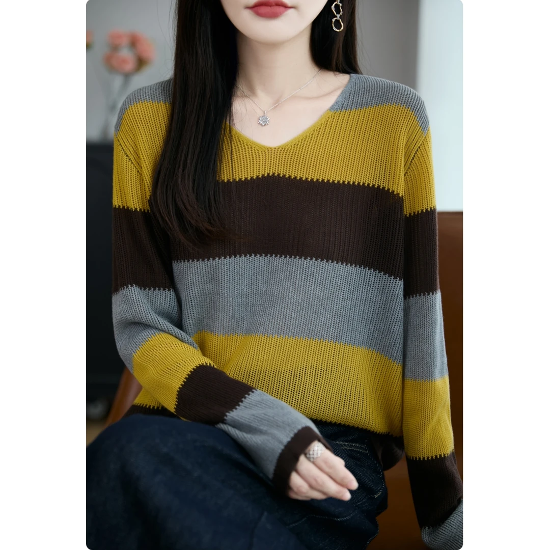 【衣诗恋正品】 复古条纹针织衫拼接上衣长袖女套头慵懒风8727