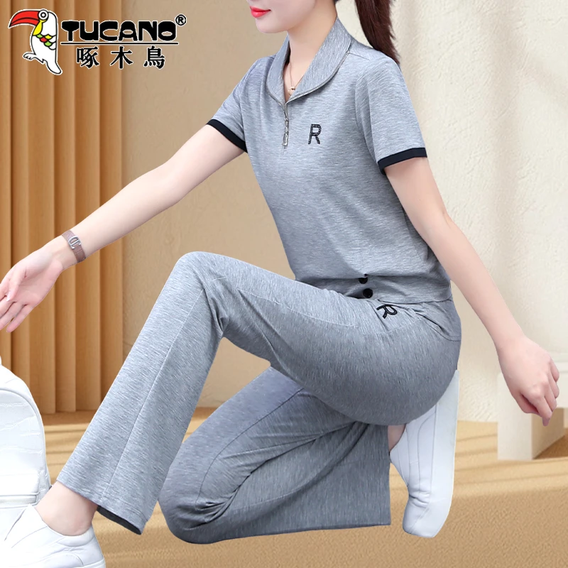 啄木鸟粉色运动套装女夏季2025新款妈妈洋气减龄娃娃领短袖休闲服