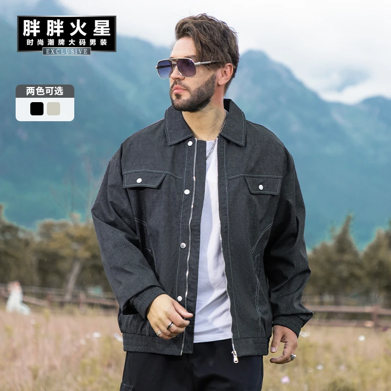 胖胖火星大码男装秋季新款工装翻领夹克胖子宽松百搭通勤潮牌外套