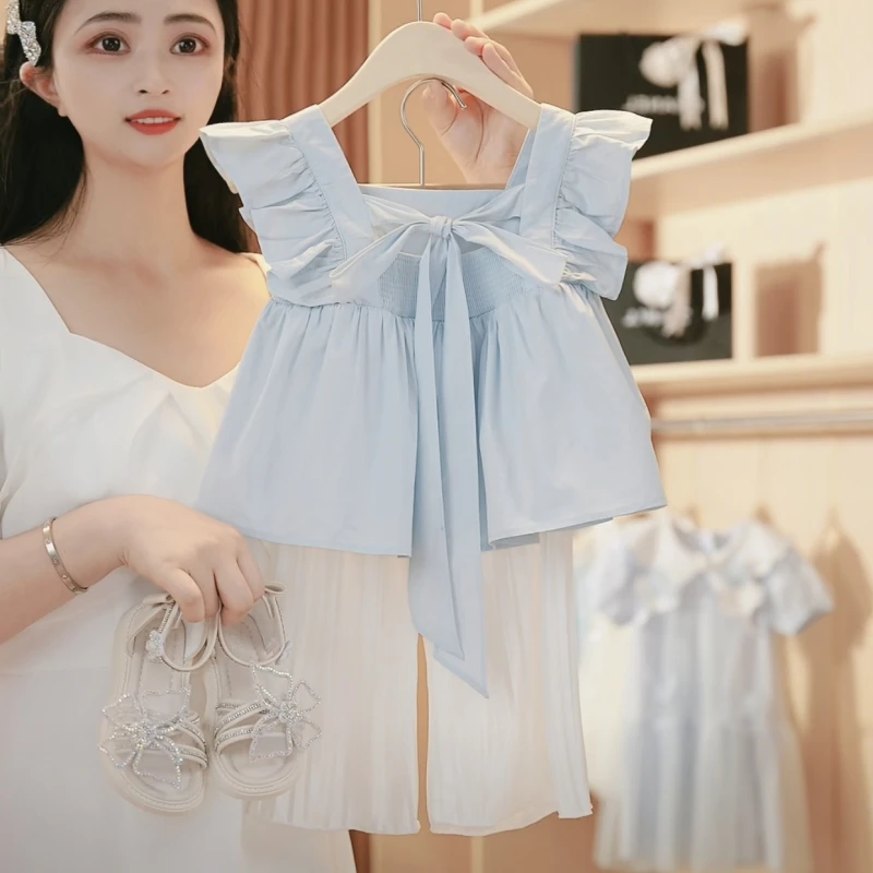 【媛媛妈专属】夏装女童新款娃娃衫无袖上衣女孩蝴蝶结阔腿裤两件套