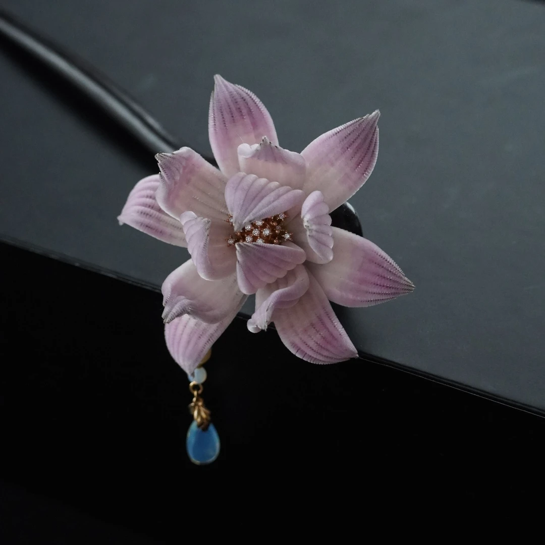 灵珠 粉莲黑檀发簪非遗绒花南京绒花日常古风国风简约超仙