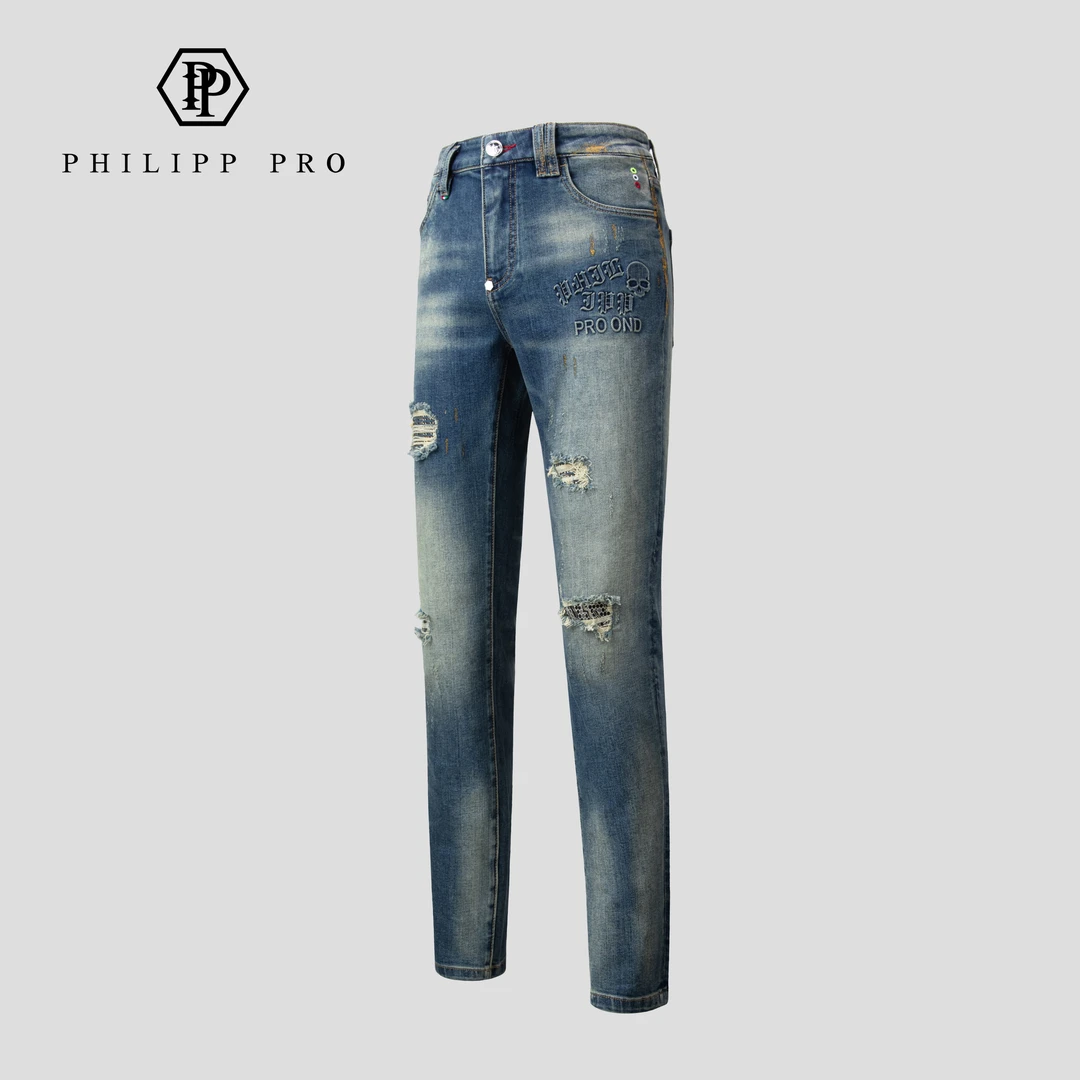 PHILIPP PRO男士春夏新款高级牛仔裤蓝色弹力修身破洞修身直筒裤