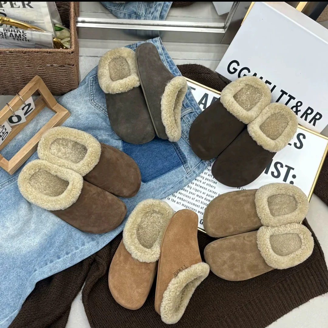 D28-617真皮内增高勃肯鞋女冬加绒毛毛女鞋外穿包头拖鞋一脚蹬