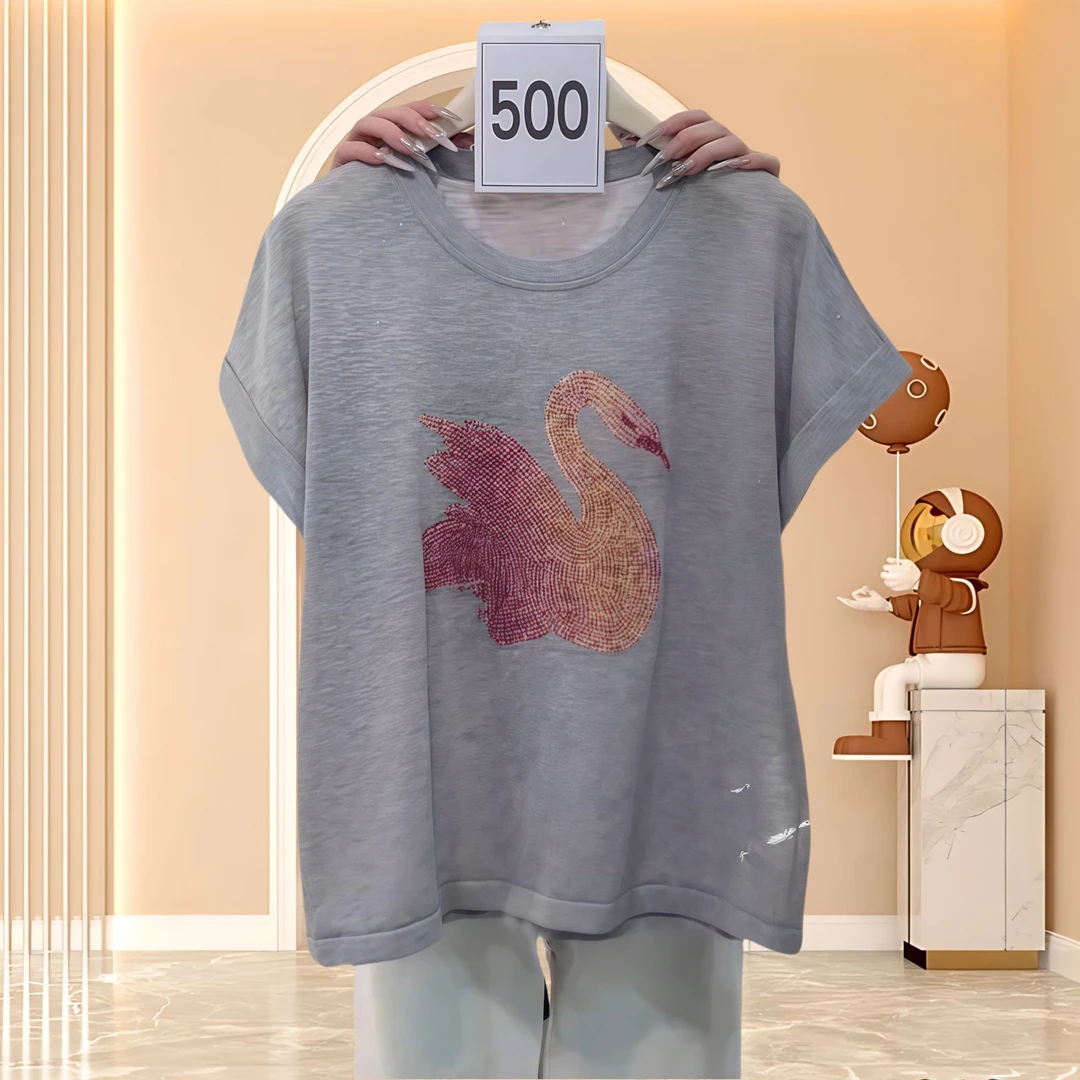 竹节棉韩版宽松短袖女夏季装烫钻灰色上衣纯欲慵懒风女装t恤女款