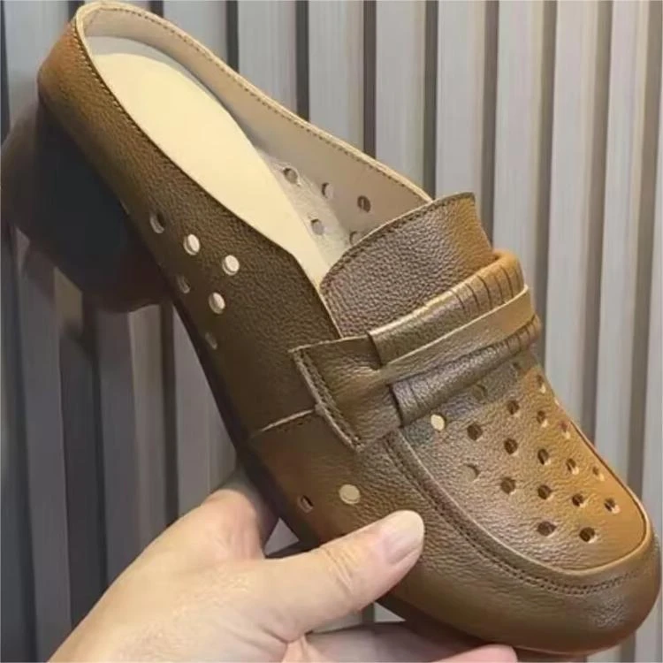 纯色平底半拖凉鞋百搭包头拖胶粘鞋包头镂空马衔扣舒适低跟轻便鞋