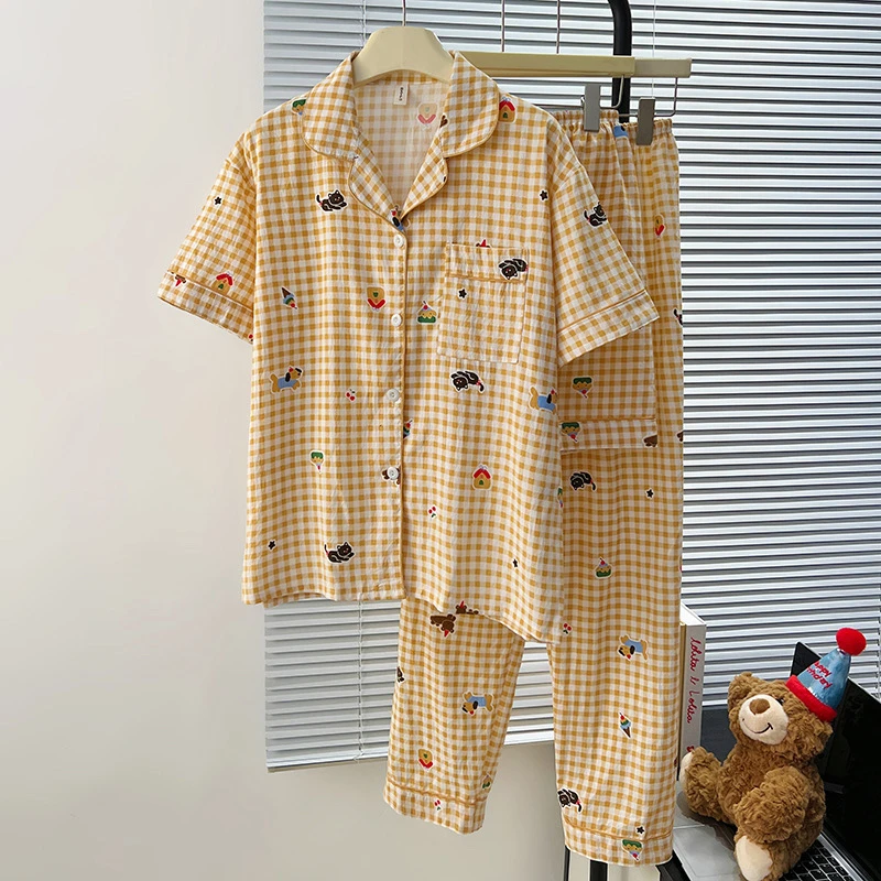 三件套夏季短袖卡通可爱可外穿云朵棉睡衣女家居服