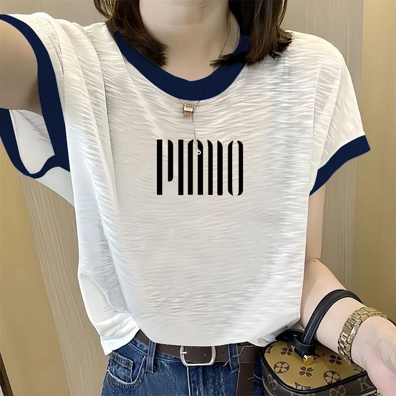 短袖雪花棉垂感拼接百搭2025夏季圆领白色T恤韩版设计感女士上衣