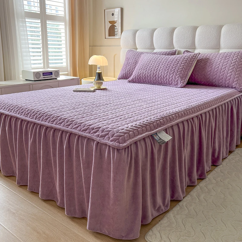 A类牛奶绒夹棉床裙单件加绒床罩加厚保暖纯色防滑席梦思罩床套