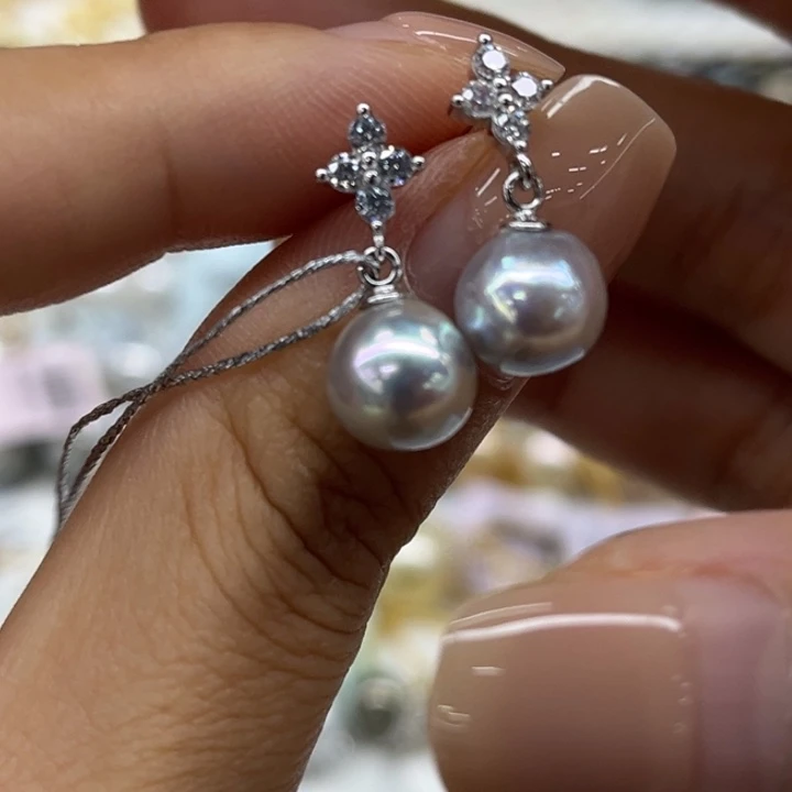 银S925镶嵌耳饰海水珍珠8-9mm135号