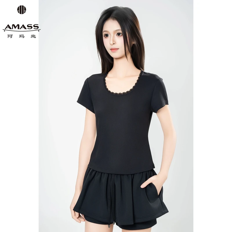AMASS/阿玛施新款气质优雅蕾丝设计洋气时尚百搭短袖T恤女530059