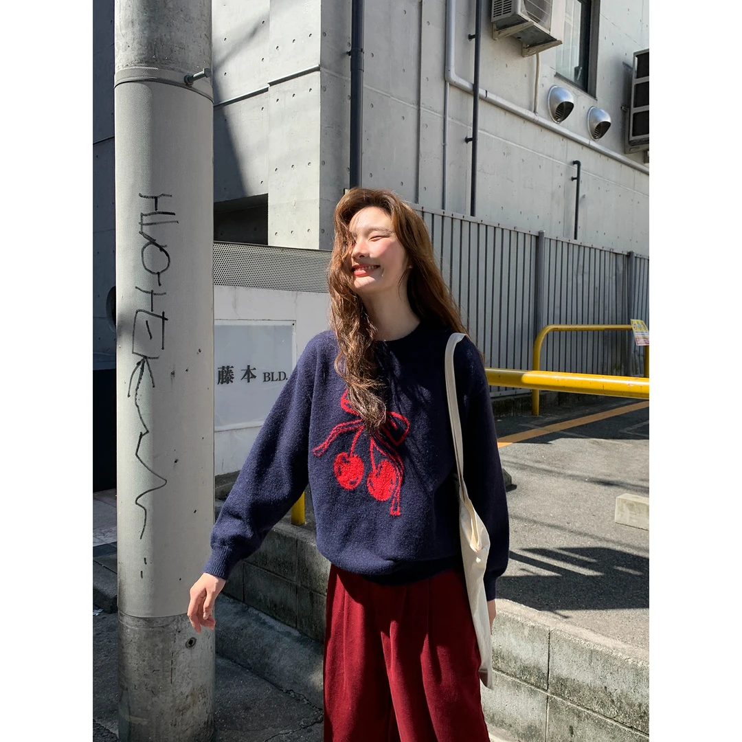 你好卡农 蝴蝶结樱桃提花针织衫毛衣宽松圆领套头上衣KZ24Z4442D