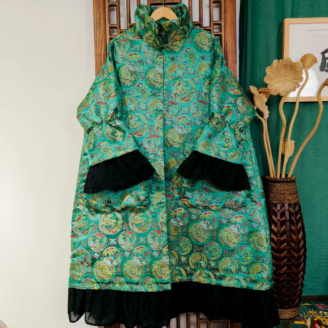 （LS455-3）凤徕兮私人定制绿色抽象龙凤花拉链加纱棉服（棉）