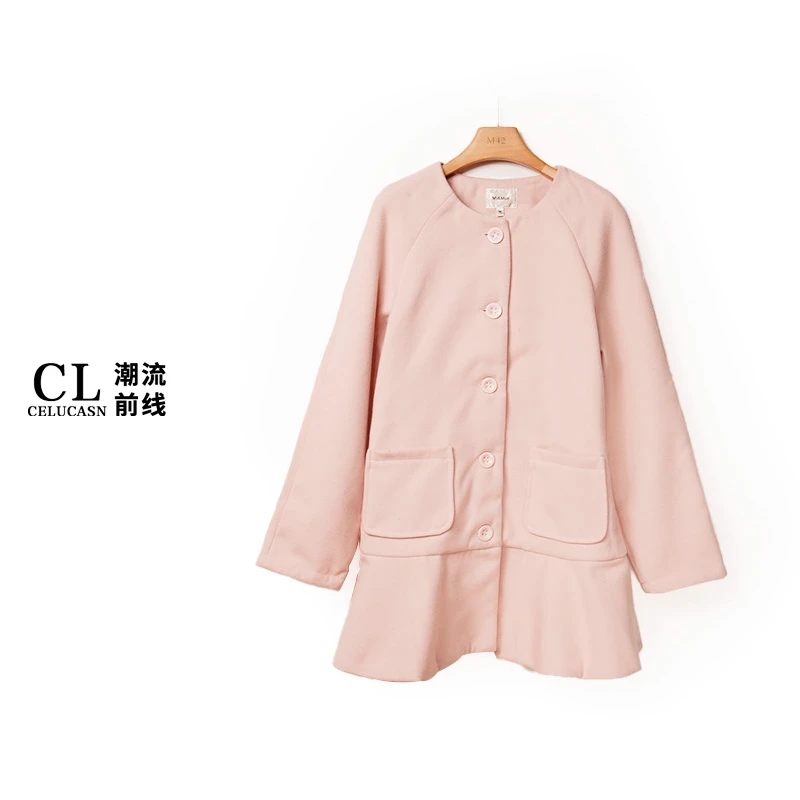 M5WBN100#女装圆领荷叶下摆长袖风衣毛呢外套上衣