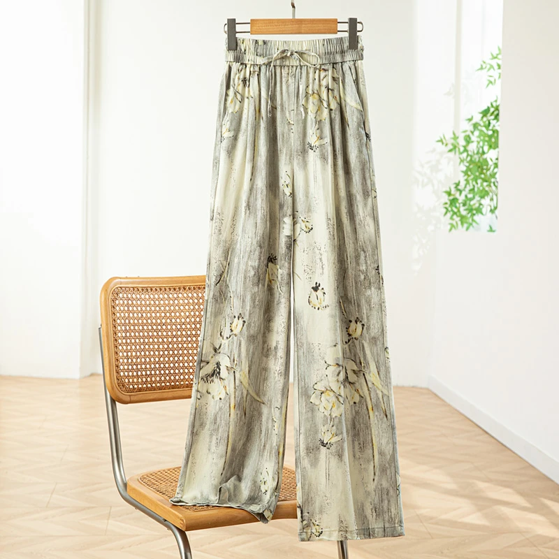 水墨画冰丝阔腿裤女2025夏季薄款莱赛尔松紧腰垂感休闲国风直筒裤