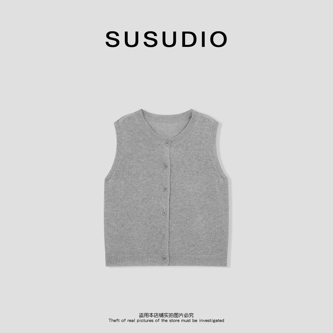 SUSUDIO③ 亚麻莱赛尔春夏老钱无袖单排扣圆领针织马甲70214