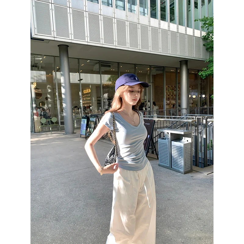 简约时尚小众修身显瘦T恤上衣女2025夏季高腰休闲宽松垂感阔腿裤