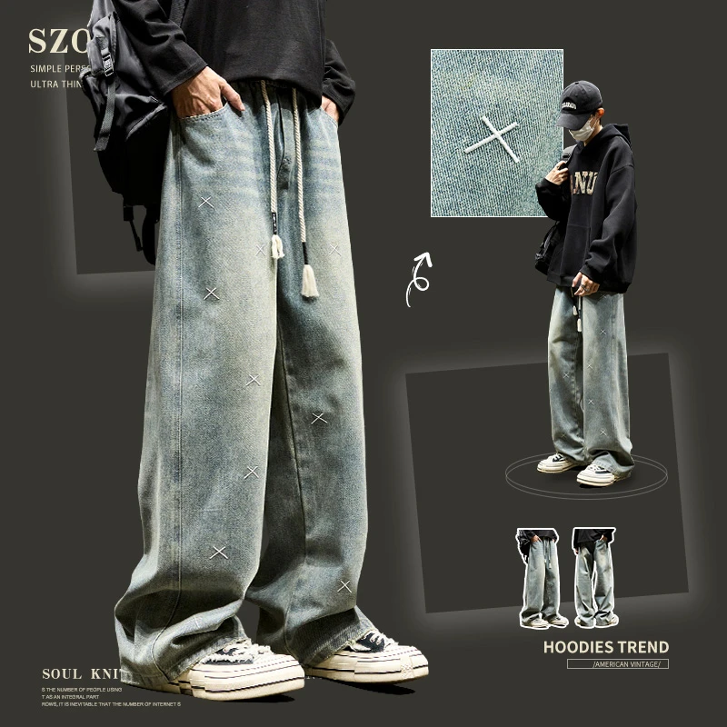 牛仔裤男士潮牌刺绣休闲直筒裤子爆款春秋复古水洗美式工装裤搭配