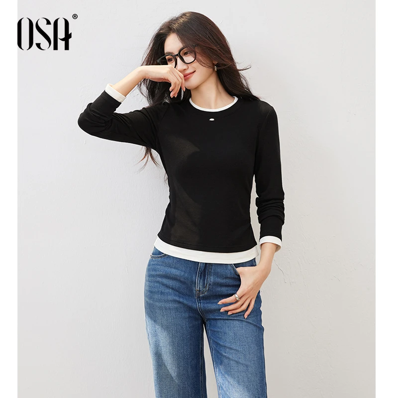 OSA/欧莎 撞色假两件收腰T恤女修身显瘦长袖内搭上衣S125C11010