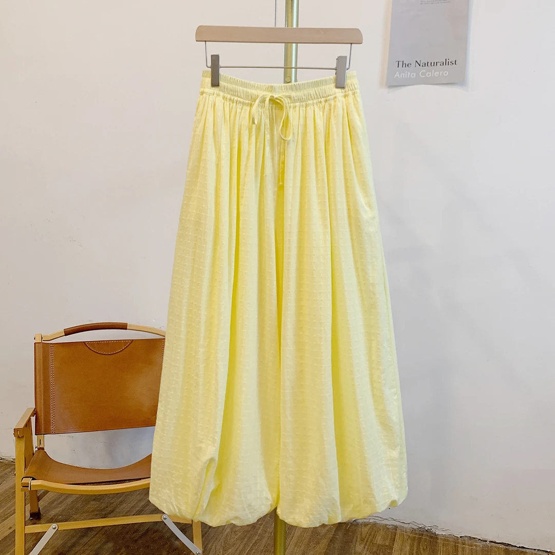 清颜-黄格Y2721-1格纹松紧腰系带宽松灯笼裤