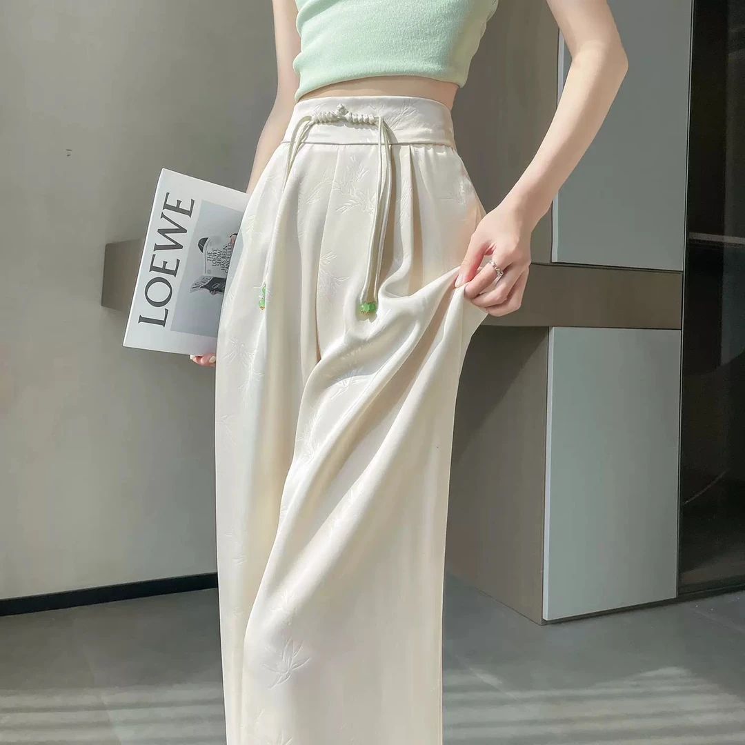 奢华新国风中式盘扣缎面阔腿裤裤子女夏季宽松显瘦高端提花女裤